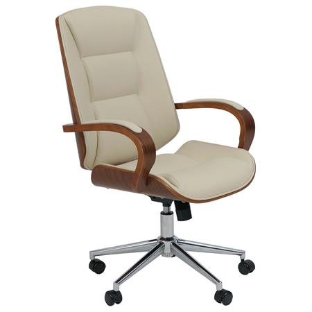 Chaise de Bureau CLARIN, Style Scandinave, Rembourrage Épais, Bois couleur Noyer et Cuir, Crème