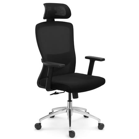 Chaise de Bureau NOTE MAX, Appui-tête, Support Lombaire Réglable, Piètement Chromé, en Tissu et Maille, Noir