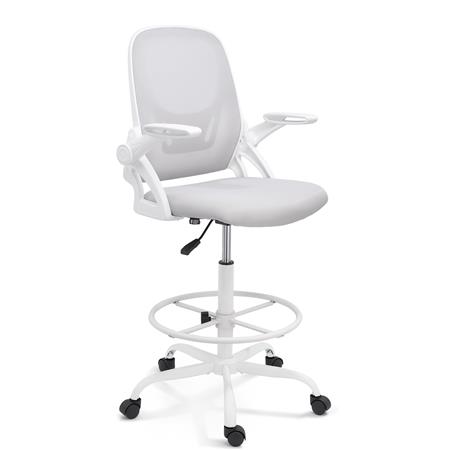 Tabouret de Travail GEAR, Accoudoirs Rabattables, Repose-pieds Réglable, Structure Blanche, Gris