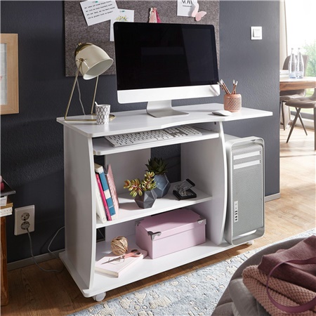 Bureau Informatique DUKE sur Roulettes, Dimensions 90x50cm, Bois Blanc