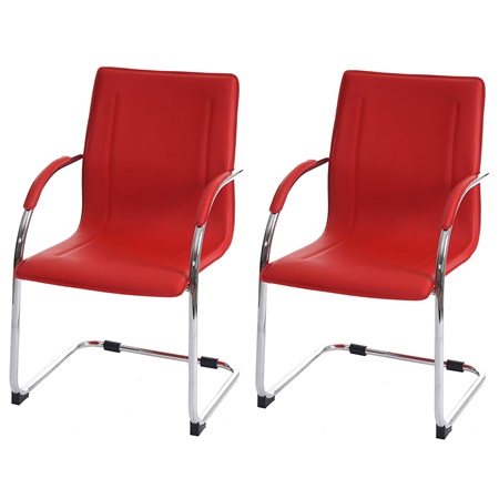 Lot de 2 Chaises Conférence ZEUS, Structure métallique, Design exclusif et Revêtement en Cuir, Rouge