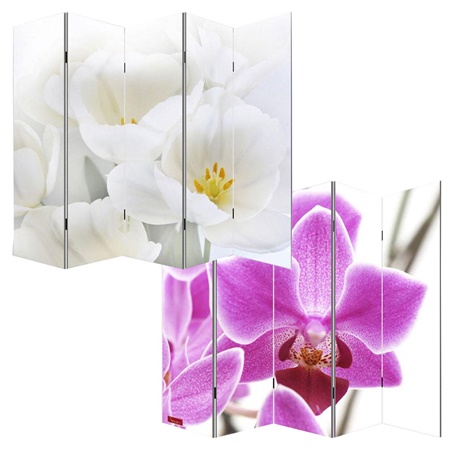 Paravent 5 panneaux VINTAGE ORCHIDEES, 180x200x2,5cm, Structure en Bois