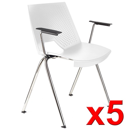 Lot de 5 Chaises visiteur ENZO AVEC ACCOUDOIRS, Commodes et Pratiques, Empilables, Blanc