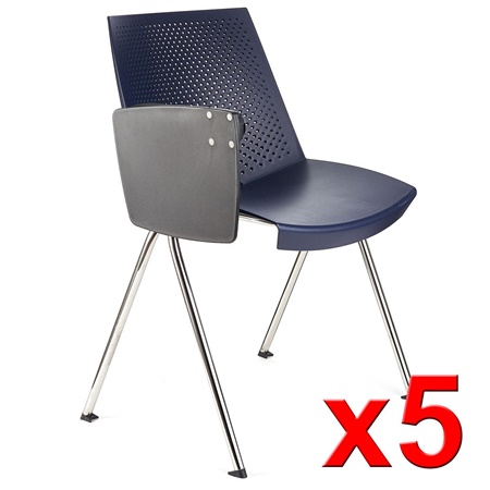 Lot de 5 Chaises visiteur ENZO AVEC TABLETTE, Commodes et Pratiques, Empilables, Bleu