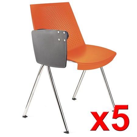 Lot de 5 Chaises visiteur ENZO AVEC TABLETTE, Commodes et Pratiques, Empilables, Orange