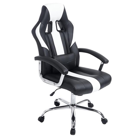 Fauteuil Gamer INDE, Design sportif, Grand Confort, Piétement Métallique, Cuir, Noir et Blanc