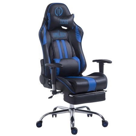 Fauteuil de bureau Gamer LOGAN avec Repose-pieds, Dossier Inclinable, Coussins Inclus, Piétement en Métal, Noir/Bleu