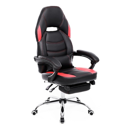 Fauteuil Gamer MORGA, Repose-pieds Extensible, Coussin lombaire, Cuir, Noir et Rouge