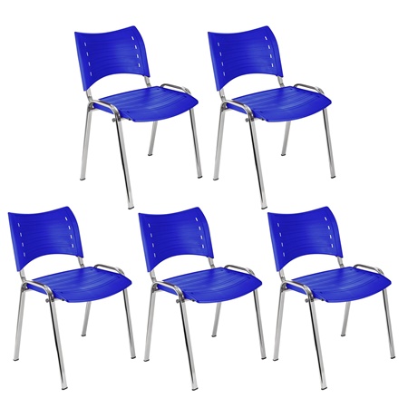 Lot de 5 Chaises visiteur ELVA, empilables et très pratiques, grande qualité, Bleu et Piétement Chromé