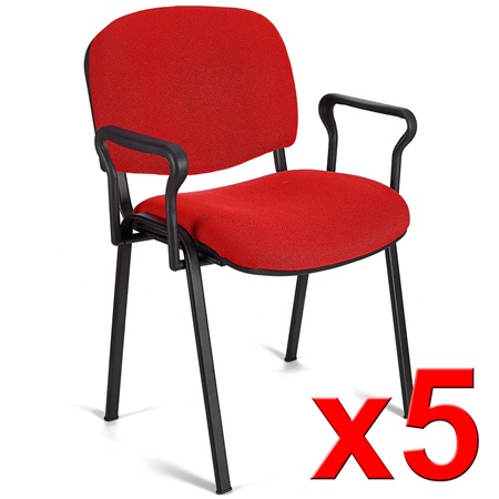 Lot de 5 Chaises visiteur MOBY BASE AVEC ACCOUDOIRS, Commode et Pratique, Piétement Noir et Tissu Rouge