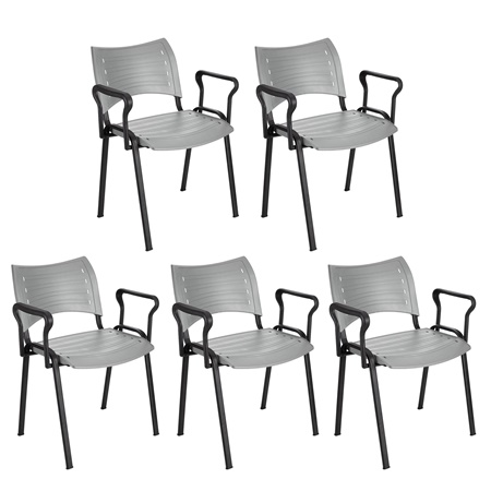 Lot de 5 Chaises visiteur ELVA AVEC ACCOUDOIRS, Empilables et Pratiques, Piétement Noir, Gris