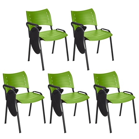 Lot de 5 Chaises visiteur ELVA AVEC TABLETTE, Empilables et Pratiques, Piétement Noir, Vert