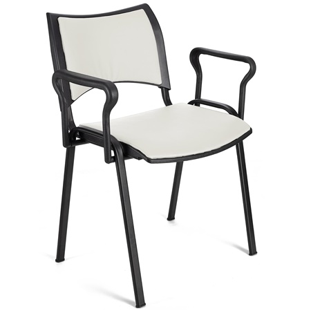 Chaise conférence ROMEL AVEC ACCOUDOIRS CUIR, Rembourrage Commode, Empilable, Piétement Noir, Blanc