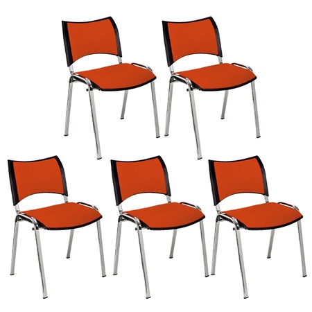 Lot de 5 Chaises conférence ROMEL, Rembourrage Commode, Empilables, Piétement Chromé, en Tissu, Orange