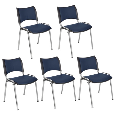 Lot de 5 Chaises conférence ROMEL CUIR, Rembourrage Commode, Empilables, Piétement Chromé, Bleu