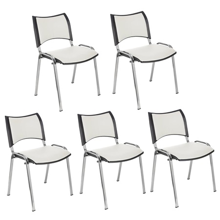 Lot de 5 Chaises conférence ROMEL CUIR, Rembourrage Commode, Empilables, Piétement Chromé, Blanc