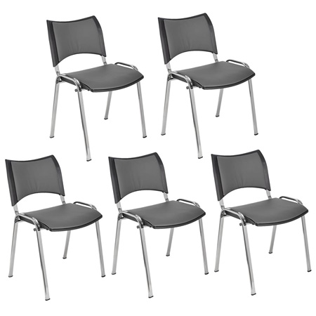 Lot de 5 Chaises conférence ROMEL CUIR, Rembourrage Commode, Empilables, Piétement Chromé, Gris