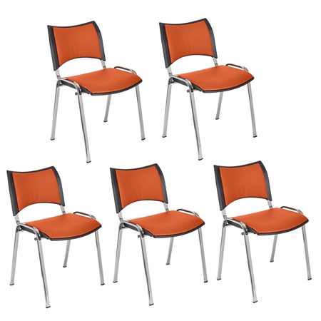 Lot de 5 Chaises conférence ROMEL CUIR, Rembourrage Commode, Empilables, Piétement Chromé, Orange