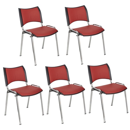 Lot de 5 Chaises conférence ROMEL CUIR, Rembourrage Commode, Empilables, Piétement Chromé, Rouge