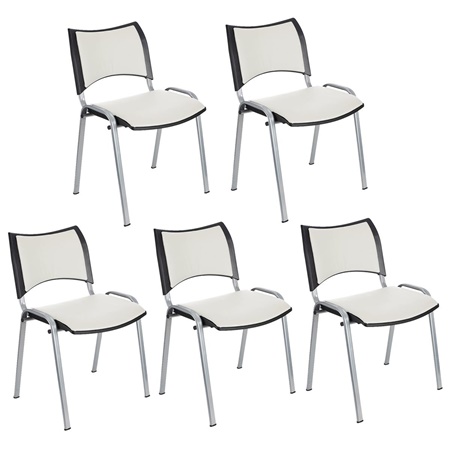 Lot de 5 Chaises conférence ROMEL CUIR, Rembourrage Commode, Empilables, Piétement Gris, Blanc