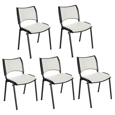 Lot de 5 Chaises conférence ROMEL CUIR, Rembourrage Commode, Empilables, Piétement Noir, Blanc