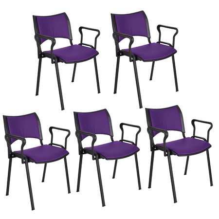 Lot de 5 Chaises conférence ROMEL AVEC ACCOUDOIRS CUIR, Rembourrage Commode, Empilables, Piétement Noir, Violet