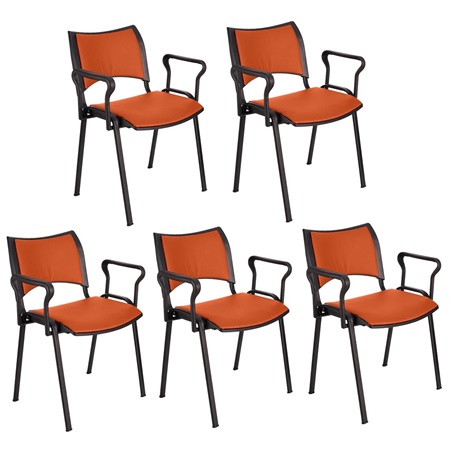 Lot de 5 Chaises conférence ROMEL AVEC ACCOUDOIRS CUIR, Rembourrage Commode, Empilables, Piétement Noir, Orange