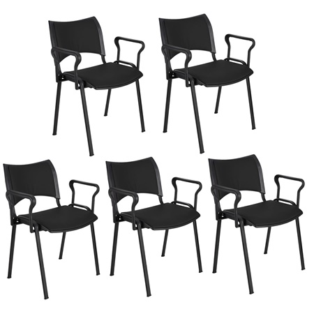 Lot de 5 Chaises conférence ROMEL AVEC ACCOUDOIRS CUIR, Rembourrage Commode, Empilables, Piétement Noir, Noir