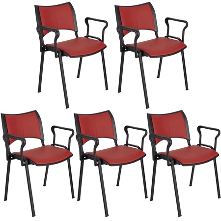 Lot de 5 Chaises conférence ROMEL AVEC ACCOUDOIRS CUIR, Rembourrage Commode, Empilables, Piétement Noir, Rouge