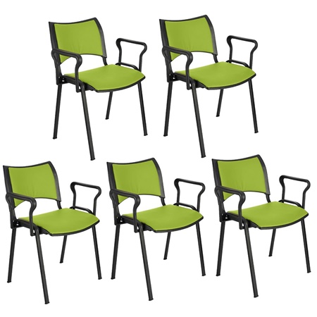 Lot de 5 Chaises conférence ROMEL AVEC ACCOUDOIRS CUIR, Rembourrage Commode, Empilables, Piétement Noir, Vert