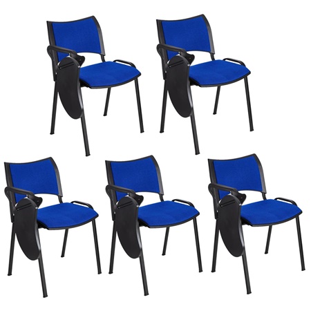 Lot de 5 Chaises conférence ROMEL AVEC TABLETTE, Rembourrage Commode, Empilables, Piétement Noir, en Tissu, Bleu