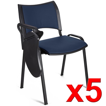 Lot de 5 Chaises conférence ROMEL AVEC TABLETTE CUIR, Rembourrage Commode, Empilables, Piétement Noir, Bleu