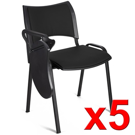 Lot de 5 Chaises conférence ROMEL AVEC TABLETTE CUIR, Rembourrage Commode, Empilables, Piétement Noir, Noir