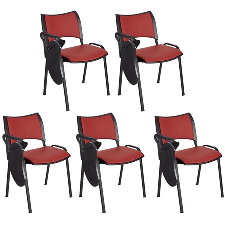 Lot de 5 Chaises conférence ROMEL AVEC TABLETTE CUIR, Rembourrage Commode, Empilables, Piétement Noir, Rouge