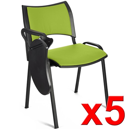 Lot de 5 Chaises conférence ROMEL AVEC TABLETTE CUIR, Rembourrage Commode, Empilables, Piétement Noir, Vert