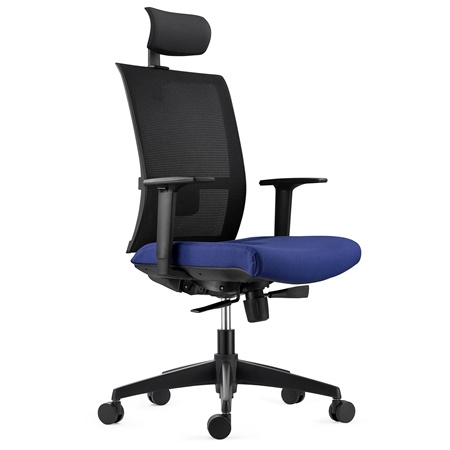 Chaise Ergonomique AXEL, avec Appui-tête, Support Lombaire, en Tissu Ignifuge et Maille, Bleu Foncé