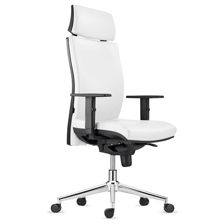 Chaise Ergonomique MARVEL, avec Piétement Métallique, Appui-tête et Support Lombaire, en Cuir Authentique, Blanc