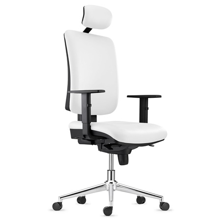 Chaise ergonomique PIERO, Piétement en Acier chromé, Appui-tête et Accoudoirs Ajustables, en Cuir Authentique Blanc