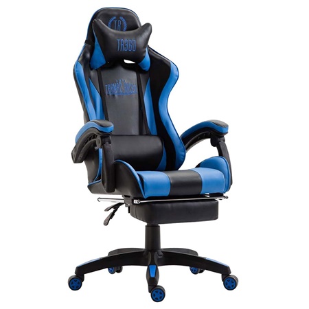 Chaise Gaming LAUDA avec Repose-Pieds, Coussin Lombaire et Cervical, en Cuir, Noir/Bleu