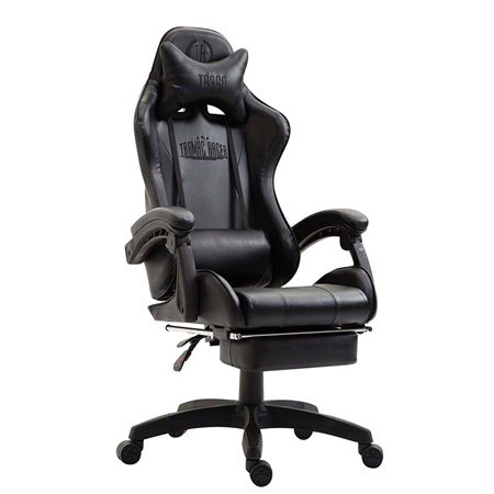 Chaise Gaming LAUDA avec Repose-Pieds, Coussin Lombaire et Cervical, en Cuir, Noir