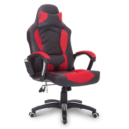 Fauteuil Gaming KARL, Massage et Siège Chauffant, en Cuir Noir et Maille Rouge