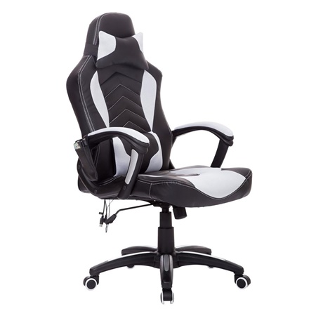 Fauteuil Gaming KARL, Massage et Siège Chauffant, en Cuir Noir et Maille Blanche