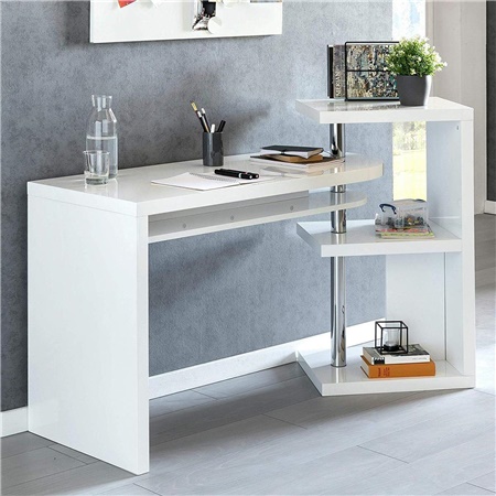 Bureau Design DANUBE, 145x50x94cm, Étagère mobile intégrée, couleur Blanc Laqué